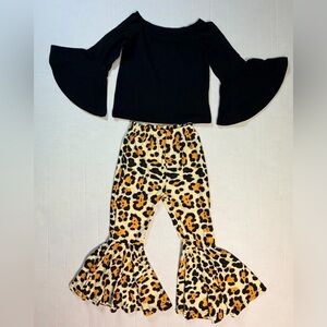 SHEIN Black Bell Sleeve Top with Leopard Print Flared Pants